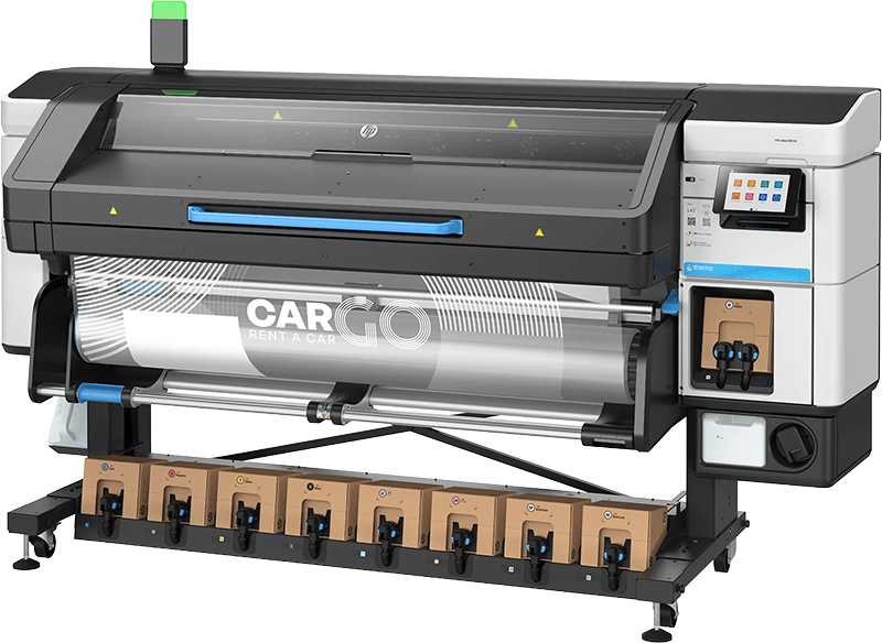 Large-format poster printer mid-print